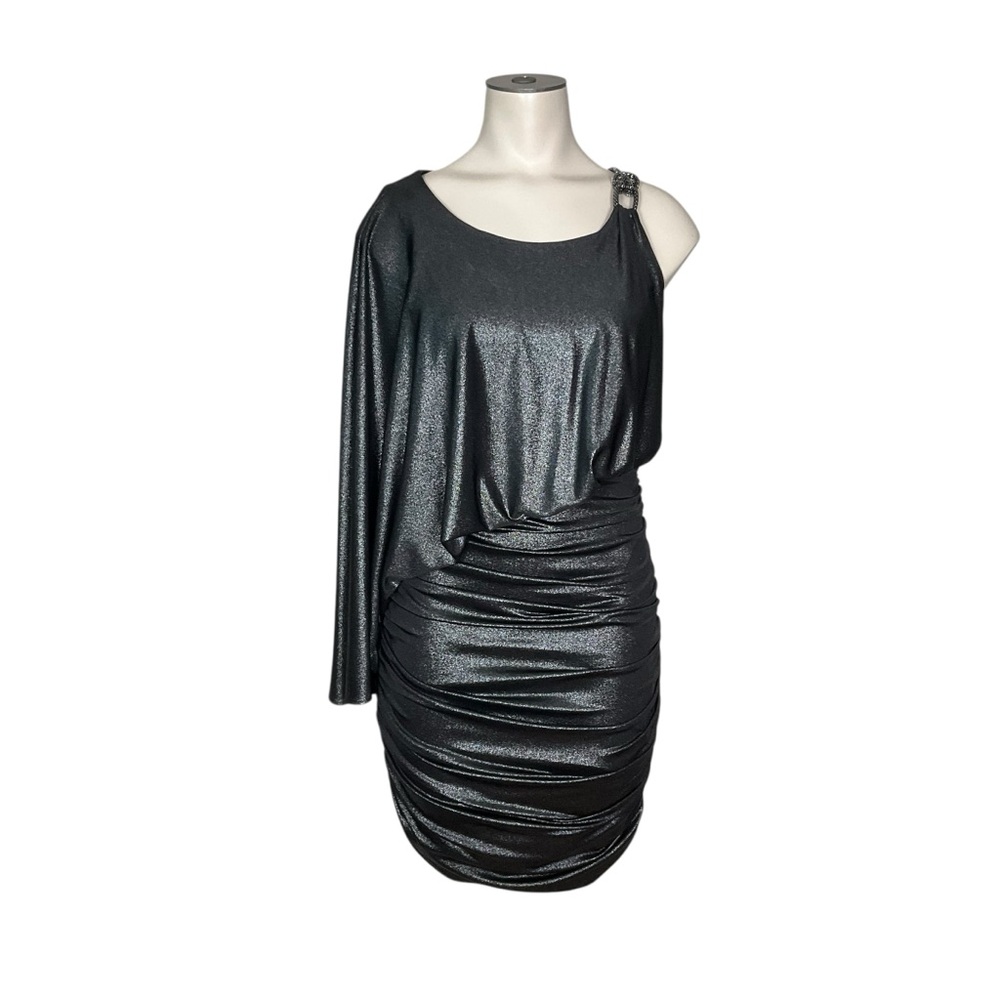 CACHE sz 2 Asymmetrical Ruched Bodycon Dress Shimmery Gray + Black